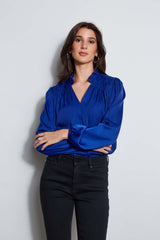 T-Tahari V-Neck Satin Blouson Shirt