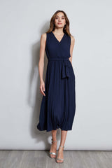 T-Tahari Pleated Faux Wrap Midi Dress