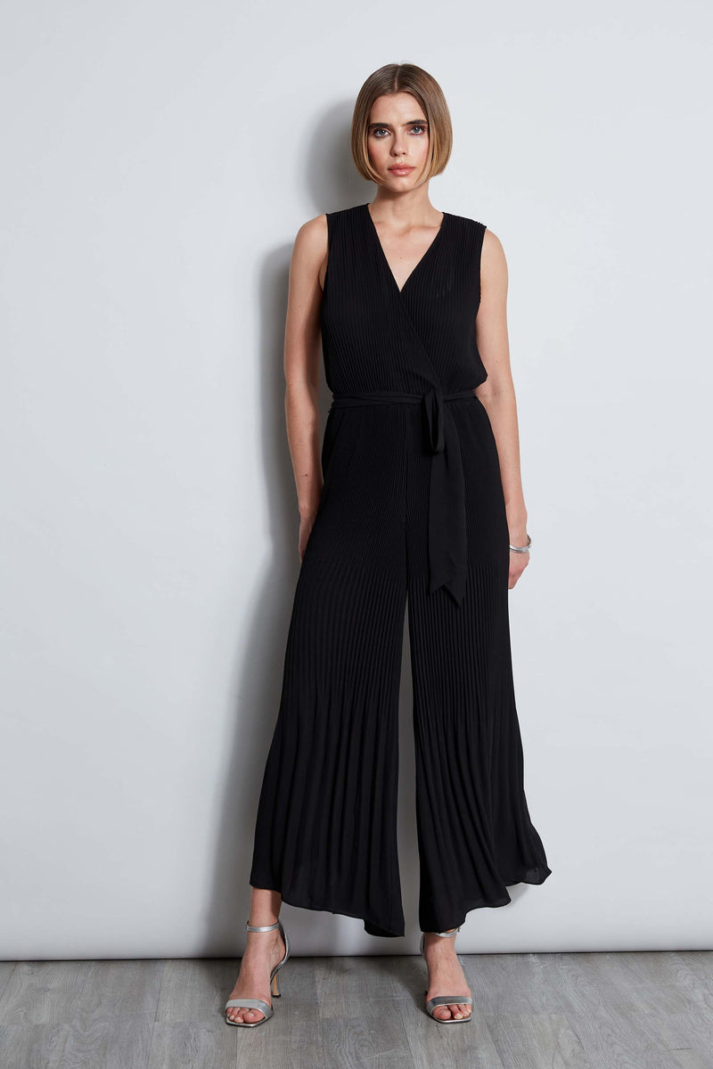 T Tahari Women s Pleated Sleeveless Tie Waist Jumpsuit Black Size L