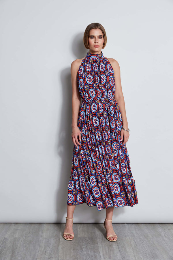 T-Tahari Pleated Print Halter Midi Dress