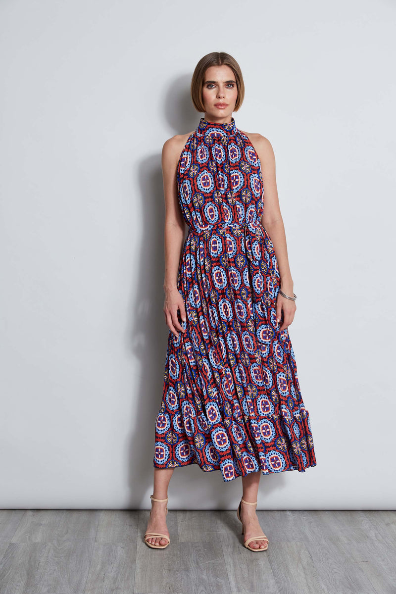 T Tahari Pleated Print Halter Midi Dress Elie Tahari