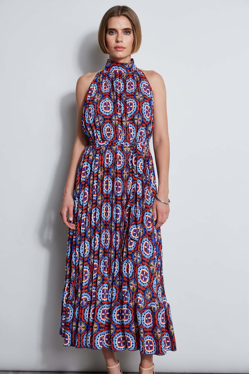 T-Tahari Pleated Print Halter Midi Dress