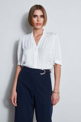 T-Tahari Short Sleeve Pleated Neck Shirt