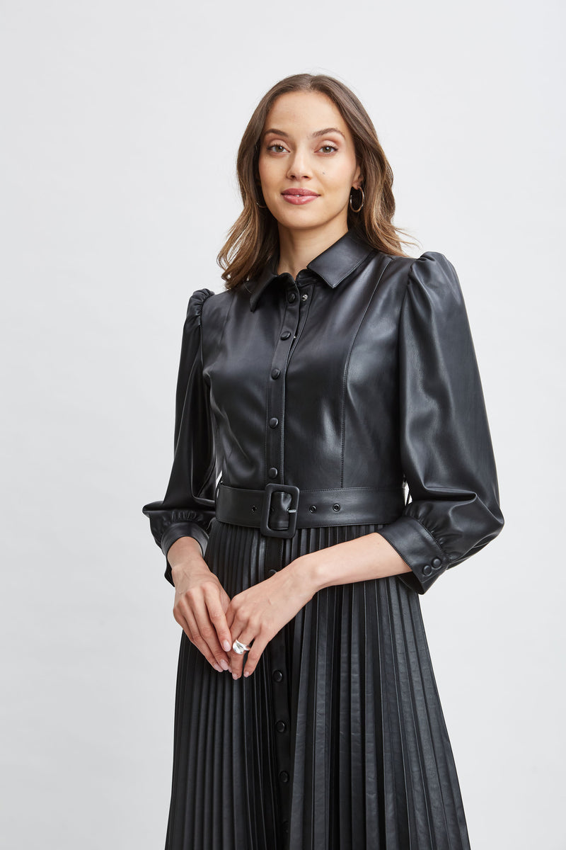 T-Tahari Vegan Leather Pleated Dress