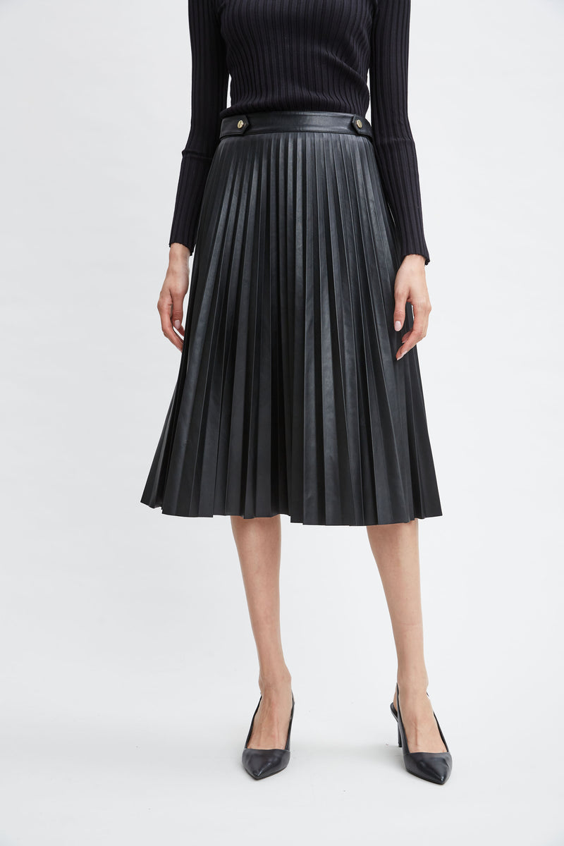 Vegan Leather Pleated Midi Skirt