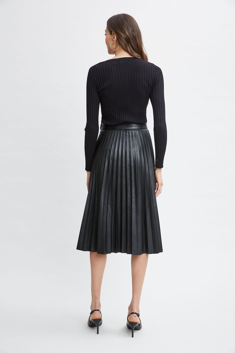 Vegan Leather Pleated Midi Skirt