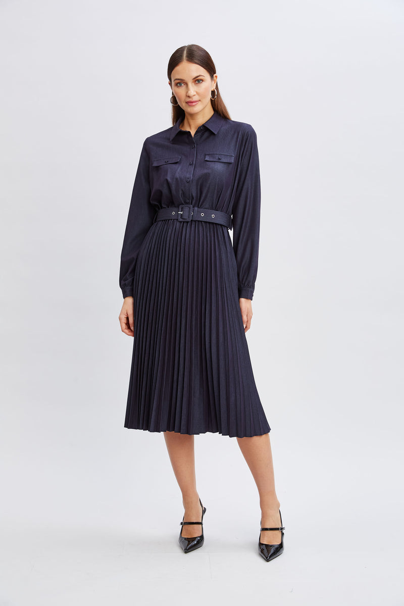 T-Tahari Pleated Denim Shirt Dress