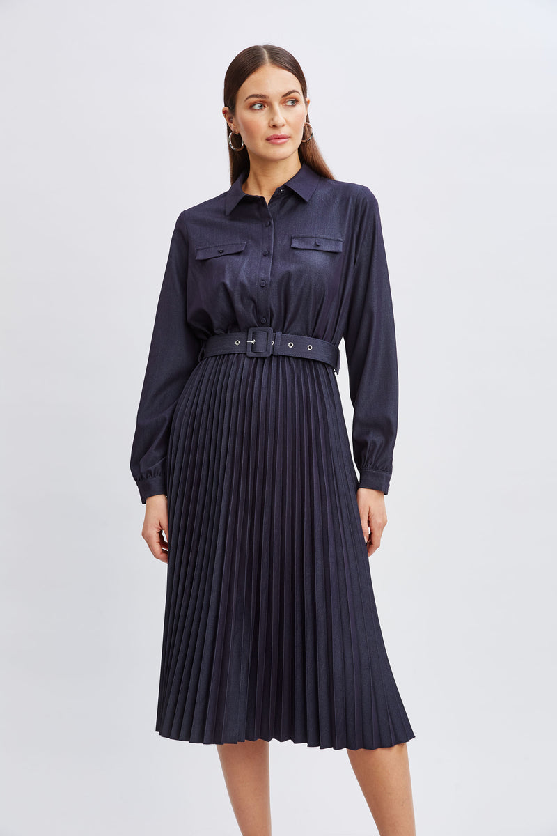 T-Tahari Pleated Denim Shirt Dress