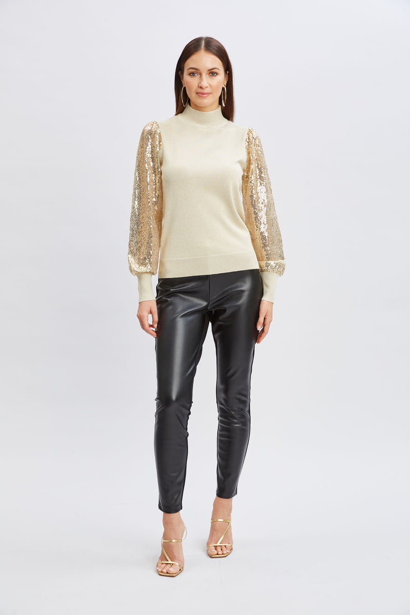 T-Tahari Sequin Sleeve Mock Neck Sweater