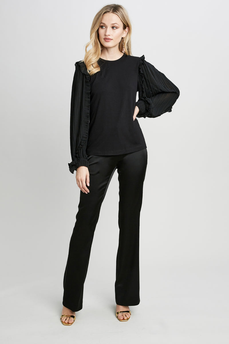 Pleated Ruffle Sleeve Crewneck Knit