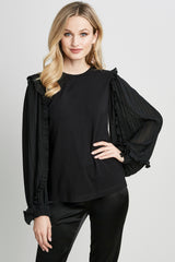 Pleated Ruffle Sleeve Crewneck Knit