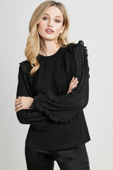 Pleated Ruffle Sleeve Crewneck Knit