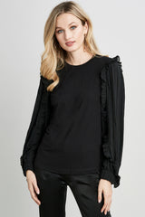 Pleated Ruffle Sleeve Crewneck Knit